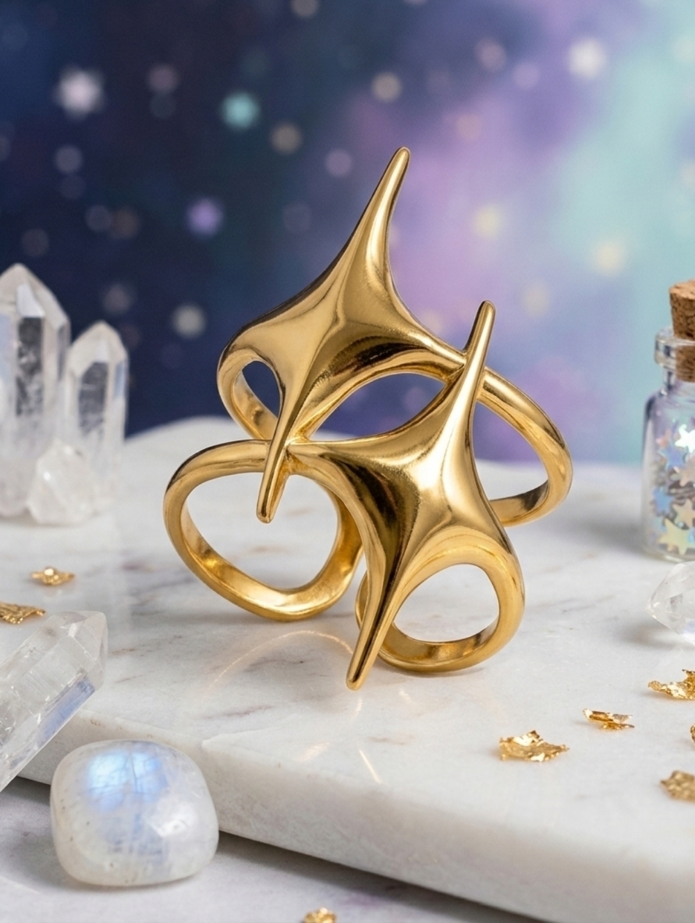 18K Gold Plated SS Whimsigoth Witchy Celestial Starburst Sculptural Ring Adj 7-9